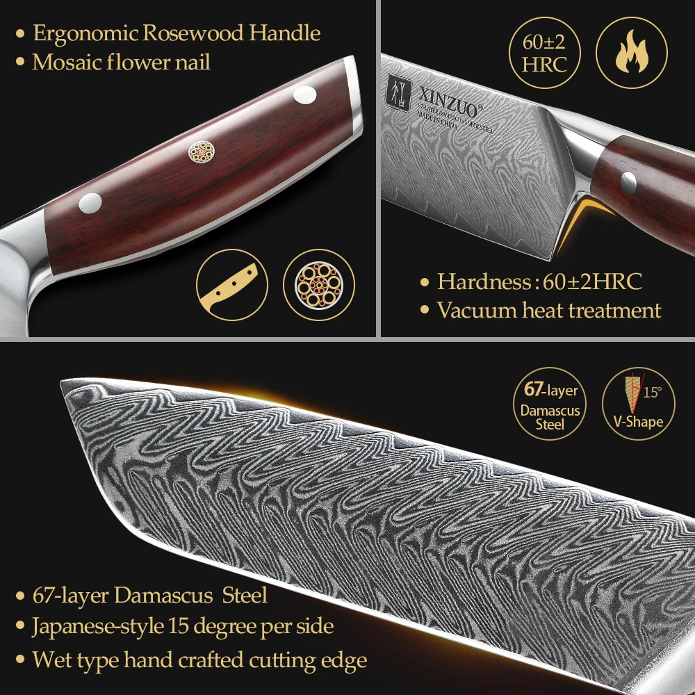 XINZUO 5-Piece Damascus Steel Kitchen Knife Set | Chef & Santoku Kitchen Knife Set Axl