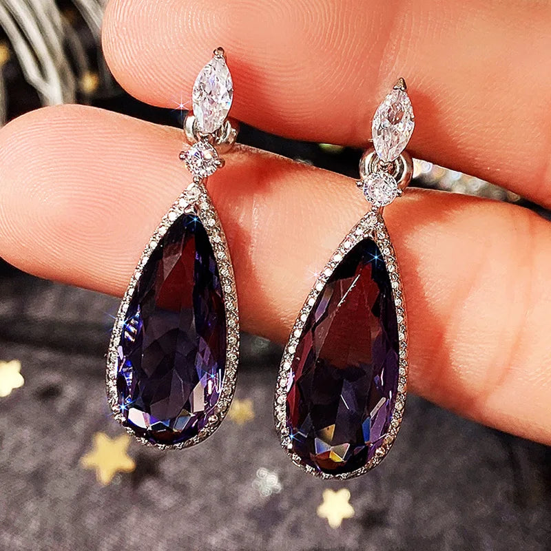 Huitan Purple CZ Teardrop Drop Earrings | Silver Tone Women's Drop Earrings Axl