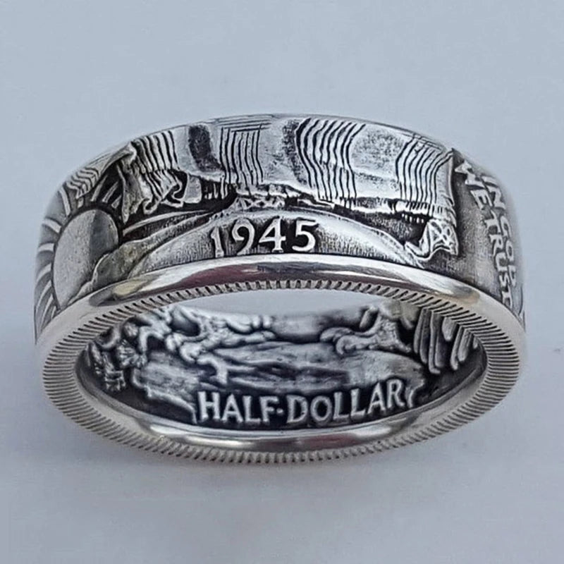 Huitan 1945 Half Dollar Vintage Men's Ring | Zinc Alloy Men's Fashion Ring Axl H166 Antique Silver Plated 7