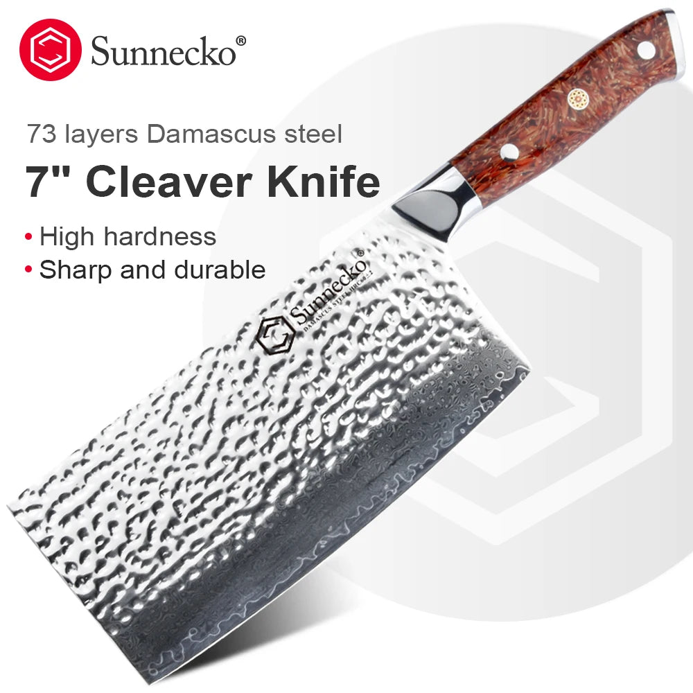 Sunnecko 7" Damascus Cleaver Knife – VG10 Steel Core, 73 Layers Damascus Cleaver Knife Axl China Mainland 7 inch