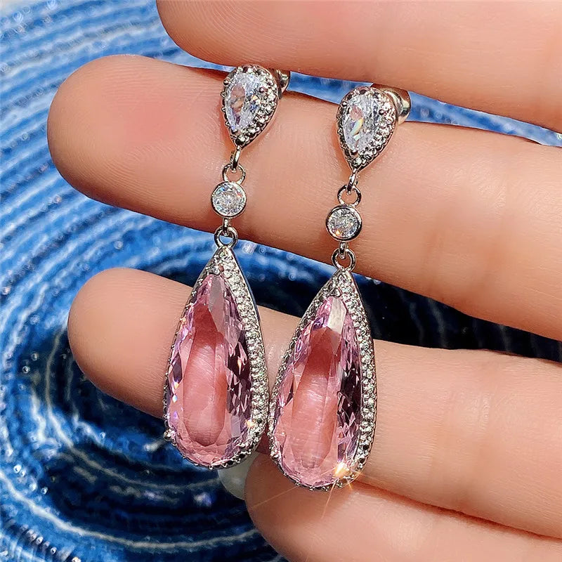 Huitan Pink CZ Water Drop Dangle Earrings | Wedding & Party Dangle Earrings Axl
