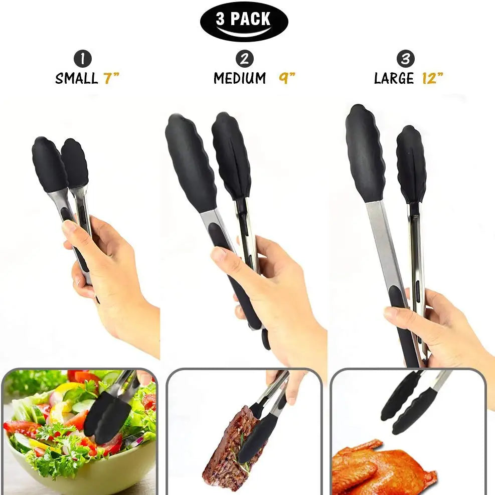 Silicone Kitchen Tongs Set – 7, 9 & 12 Inch BBQ Cooking Tongs Kitchen Cooking Tongs Axl