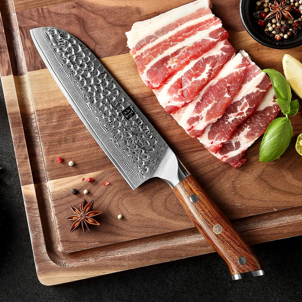 XINZUO 7" VG10 Damascus Santoku Knife – Desert Ironwood Handle Santoku Knife Axl
