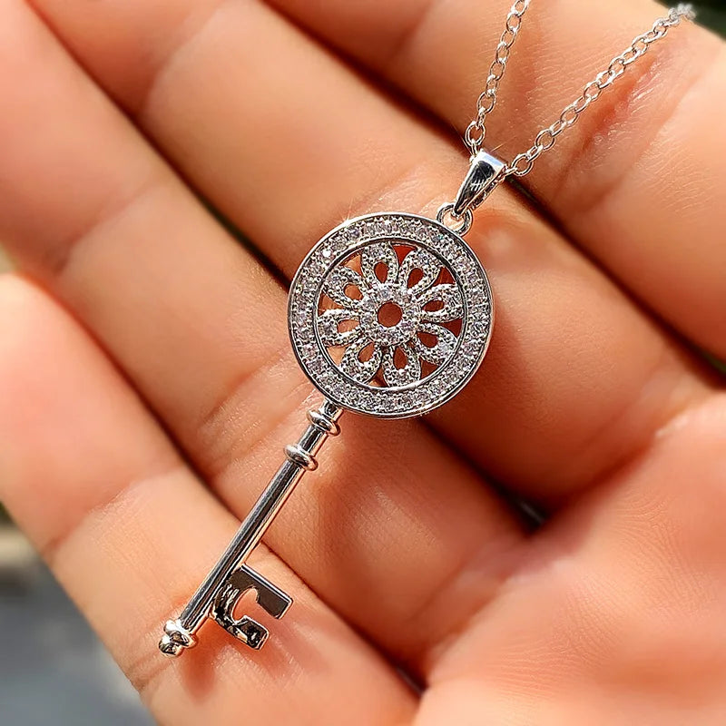 Huitan CZ Crystal Key Pendant Necklace – Silver & Rose Gold Pendant Necklace Axl