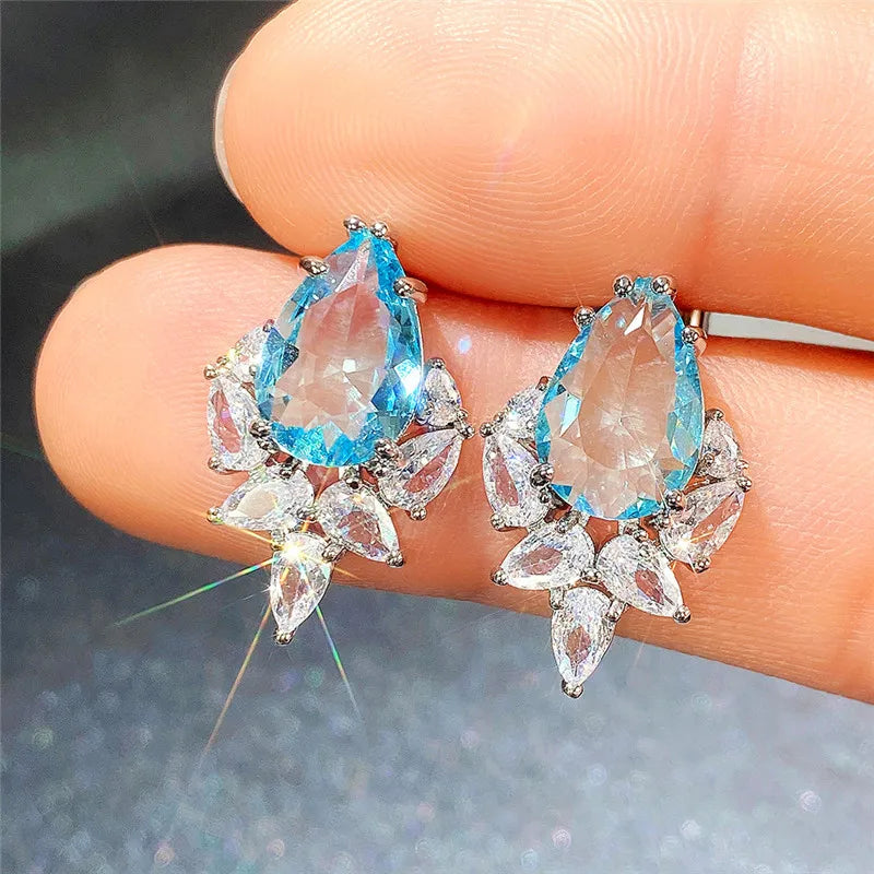 Huitan Water Drop CZ Stud Earrings – Pink, Green & Blue Pear CZ Stud Earrings Axl