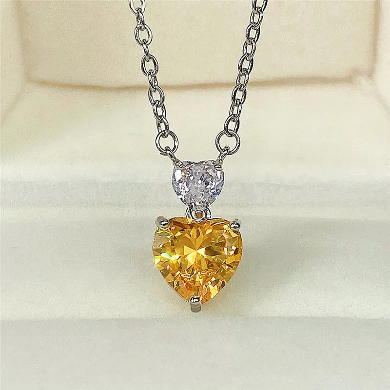 Huitan Double Heart CZ Pendant Necklace – Pink & Yellow Zirconia CZ Pendant Necklace Axl