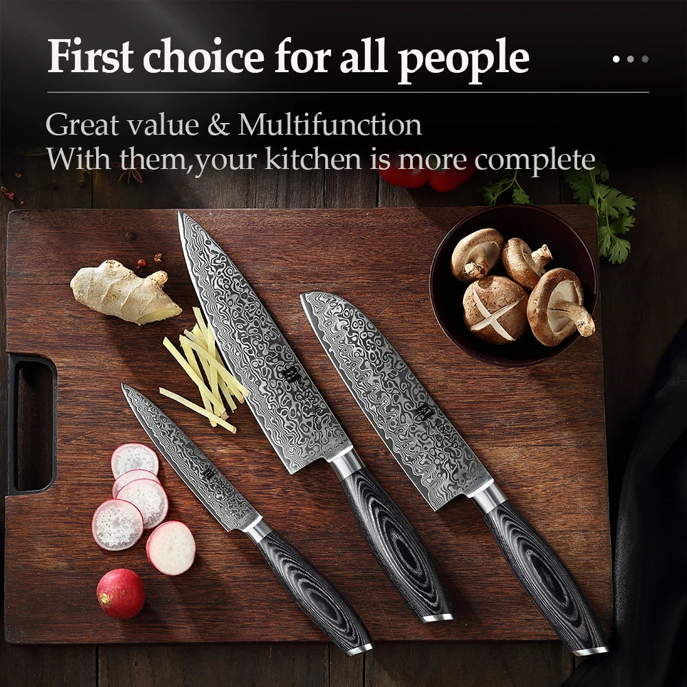XINZUO 3-Piece Damascus Steel Knife Set – Chef, Santoku & Utility Damascus Knife Set Axl