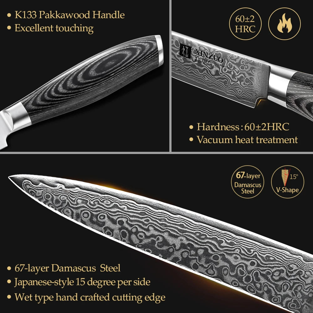 XINZUO 5" Damascus Utility Knife – 67-Layer Pakkawood Handle Damascus Utility Knife Axl