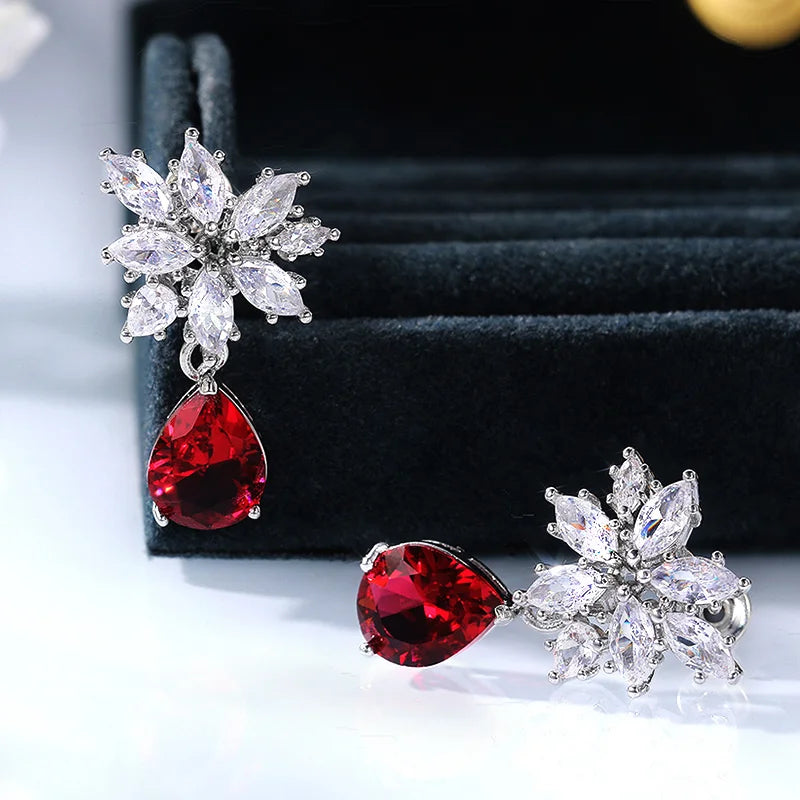 Huitan Red CZ Drop Earrings | Women's Crystal Pendant Jewelry Drop Earrings Axl