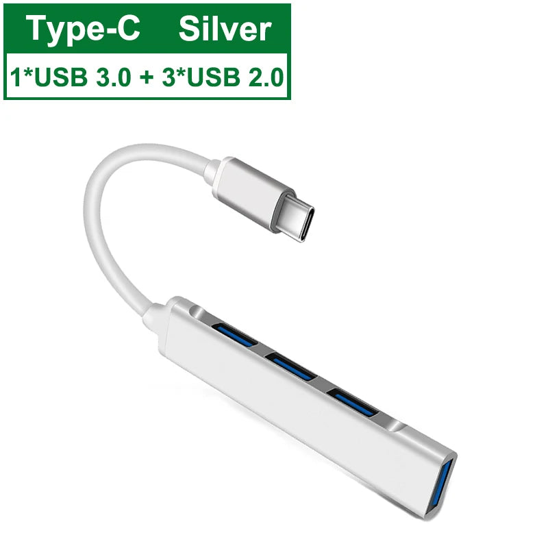 USB-C Hub 4-Port USB 3.0 Splitter OTG Adapter for MacBook & PC USB-C Hub Adapter Axl Type C 3.1 Silver