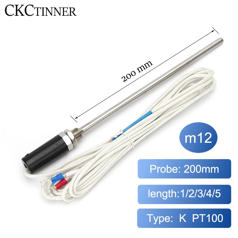 Type K PT100 Thermocouple Probe M12 200mm 0–600°C Sensor Temperature Sensor Probe Axl Type K 3M