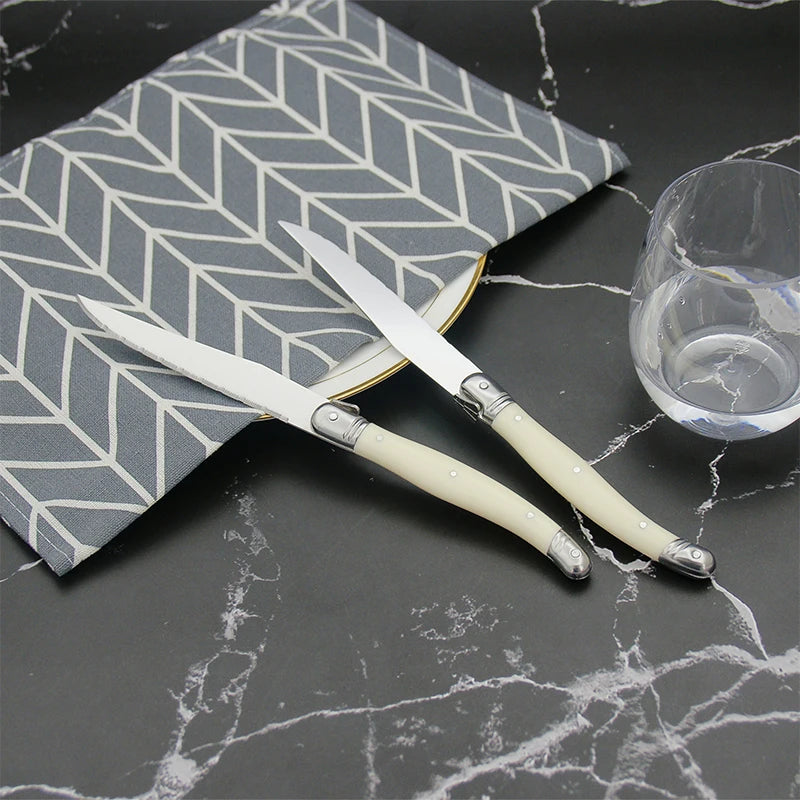 Laguiole Steak Knife Set Pearl White Handle – 4, 6 or 12 Pcs Steak Knife Set Axl
