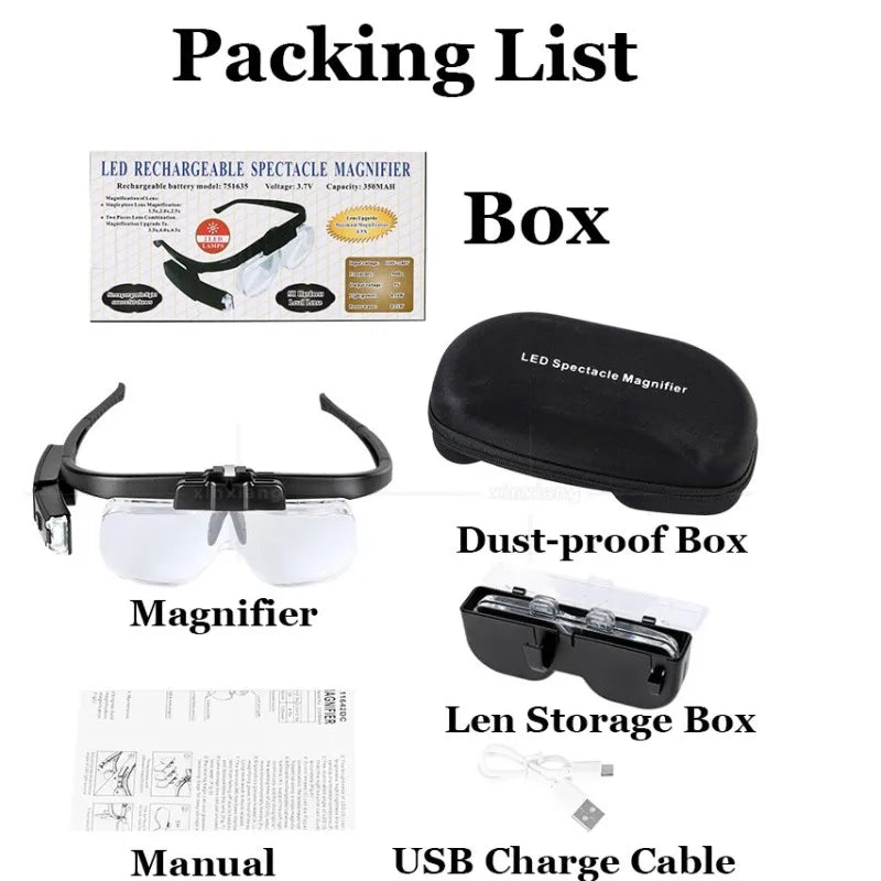 Head-Worn LED Magnifier Glasses – 6X USB Rechargeable Loupe Head Magnifier Loupe Axl