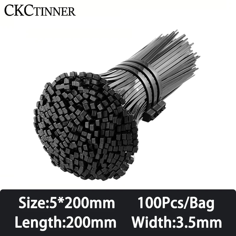 100PCS Nylon Cable Ties Self-Locking Black Zip Tie Organiser Nylon Cable Ties Axl 5x200mm