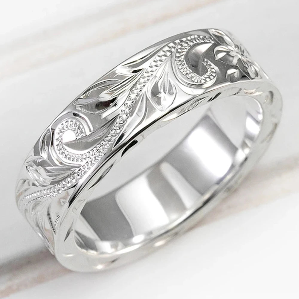 Huitan Carved Couple Rings – Silver Band, Sizes 5–14 | Fashion Fashion Couple Ring Axl