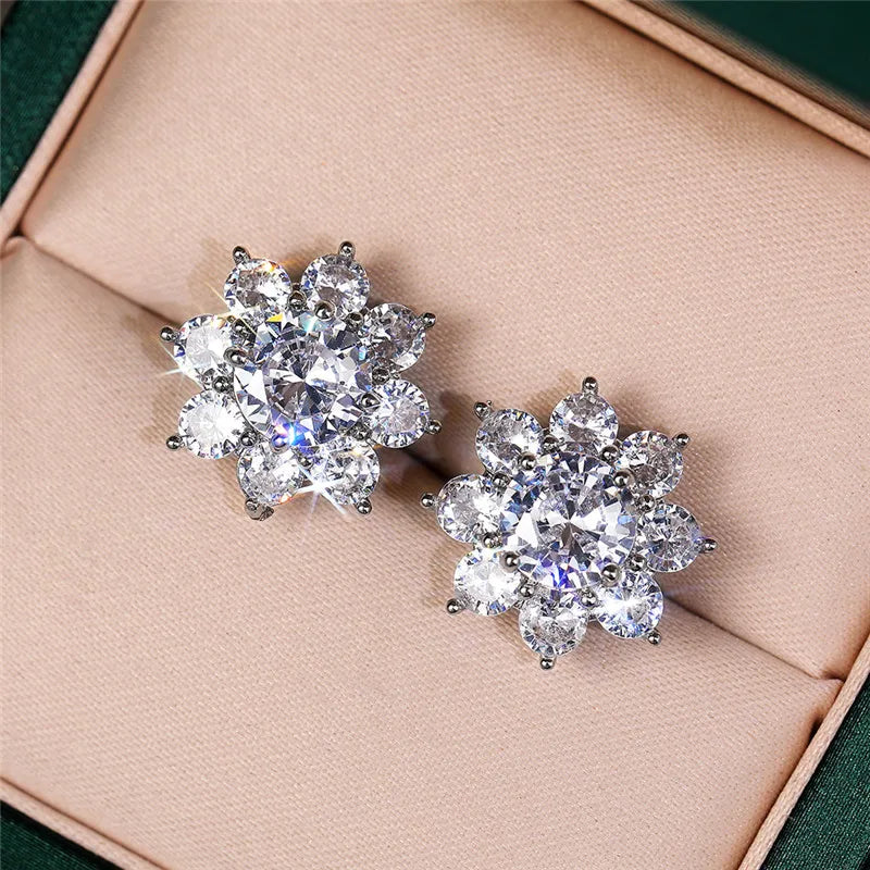 Huitan Crystal Flower Stud Earrings | Cubic Zirconia Women Crystal Stud Earrings Axl