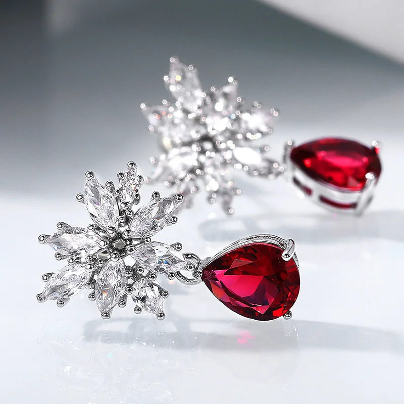 Huitan Red CZ Drop Earrings | Women's Crystal Pendant Jewelry Drop Earrings Axl