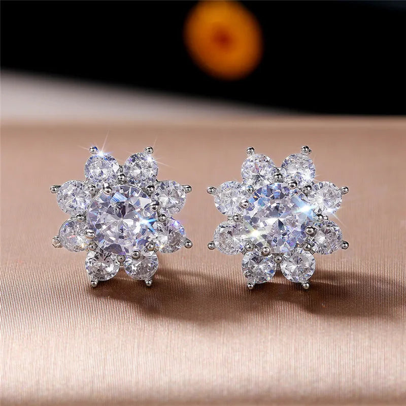 Huitan Crystal Flower Stud Earrings | Cubic Zirconia Women Crystal Stud Earrings Axl E1226