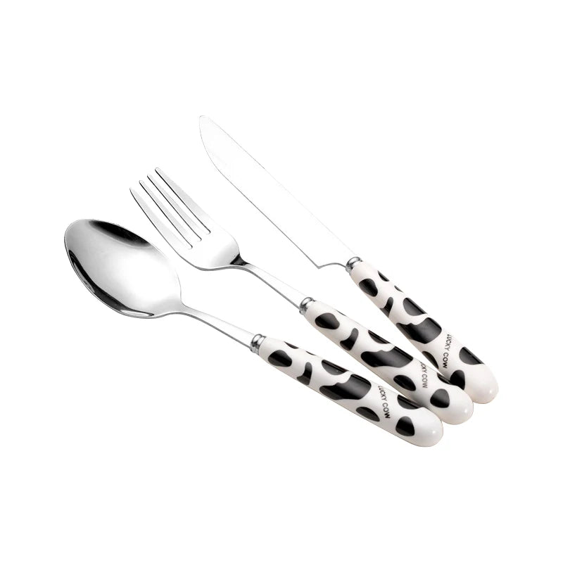 Kids Cartoon Ceramic Handle Cutlery Set – Knife Fork Spoon 3pc Kids Flatware Set Axl Black cow