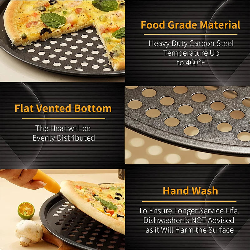 Nonstick Carbon Steel Pizza Crisper Pan with Holes | Round Tray Pizza Baking Pan Axl