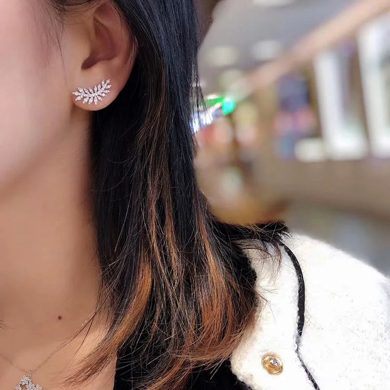 Huitan Silver Leaf CZ Stud Earrings – Women's Fashion Jewelry CZ Stud Earrings Axl