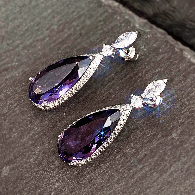 Huitan Purple CZ Teardrop Drop Earrings | Silver Tone Women's Drop Earrings Axl