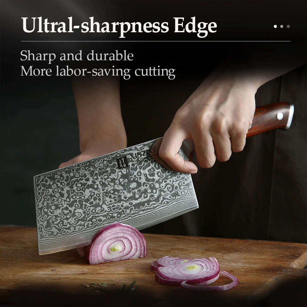 XINZUO 6.5" Damascus Steel Cleaver Knife – Rosewood Handle Damascus Cleaver Knife Axl