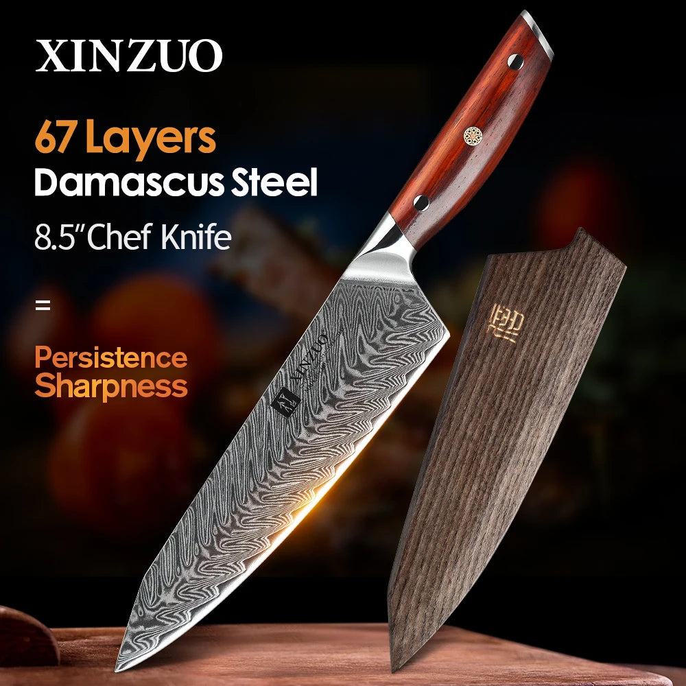 XINZUO 8.5" Damascus Chef Knife – VG10 Steel & Rosewood Handle Damascus Chef Knife Axl