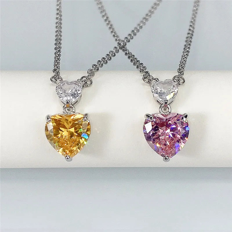 Huitan Double Heart CZ Pendant Necklace – Pink & Yellow Zirconia CZ Pendant Necklace Axl