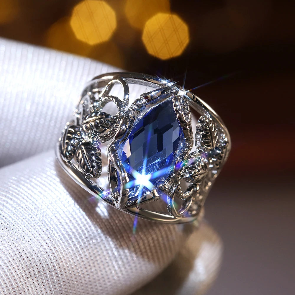 Huitan Blue CZ Wide Leaf Ring for Women | Brass Fashion Jewelry Fashion Ring Axl