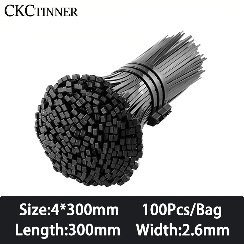 100PCS Nylon Cable Ties Self-Locking Black Zip Tie Organiser Nylon Cable Ties Axl 4x300mm