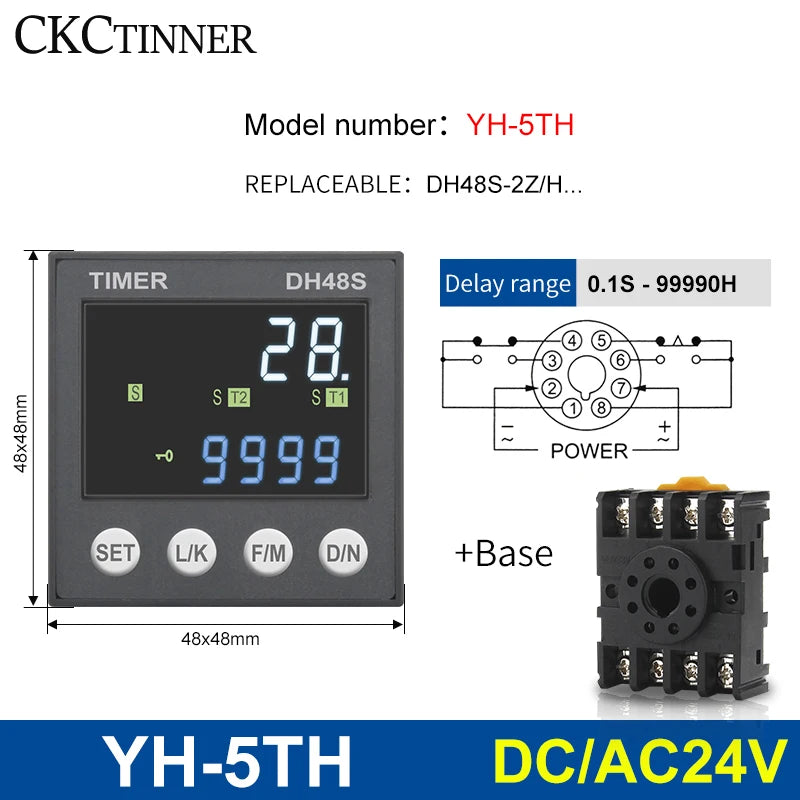 DH48S Programmable Time Delay Relay 24V/220V + Socket Base Programmable Time Relay Axl YH-5TH - 24V ACDC