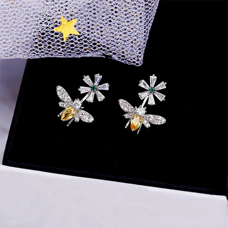 Huitan Flower Bee Stud Earrings | Gold & Silver Women's Jewelry Stud Earrings Axl