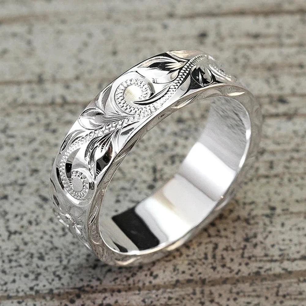 Huitan Carved Couple Rings – Silver-Tone Band Sizes 5–14 Couple Fashion Ring Axl