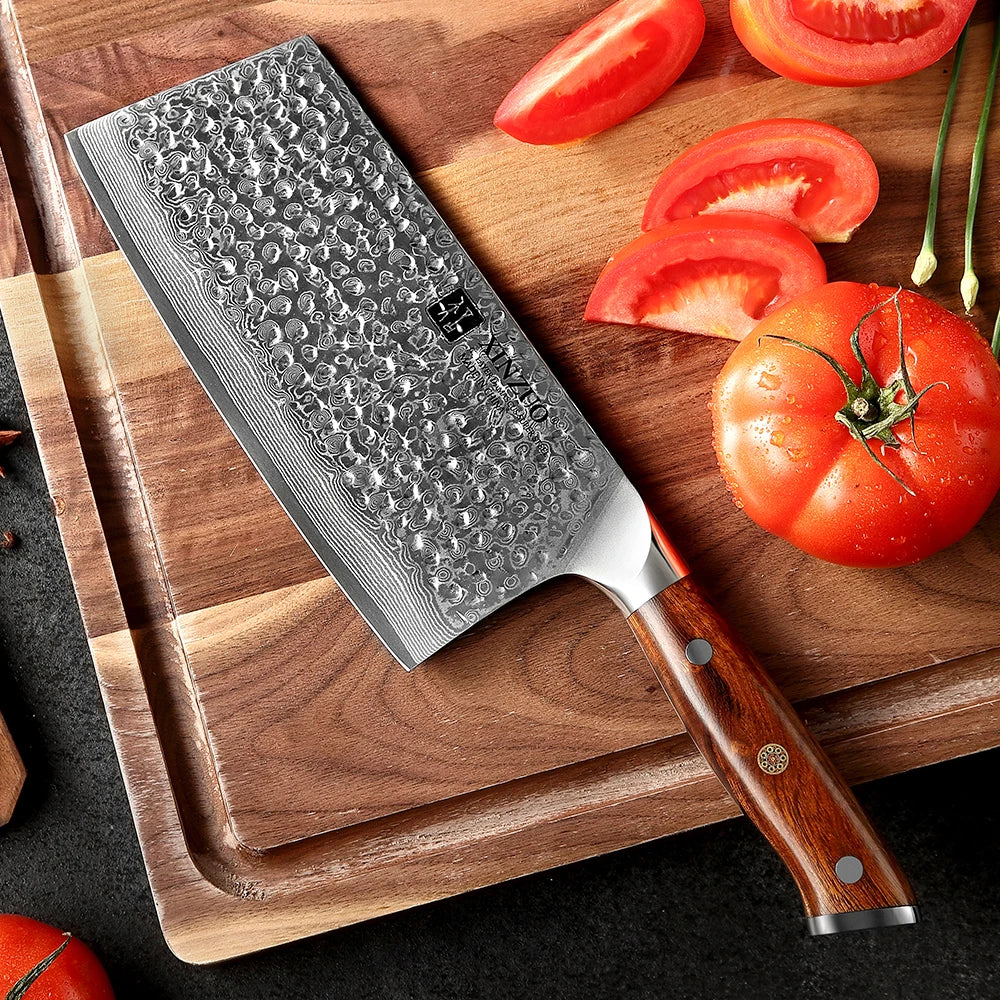 XINZUO 7" Damascus Cleaver Knife – VG10 & Ironwood Handle Damascus Cleaver Knife Axl