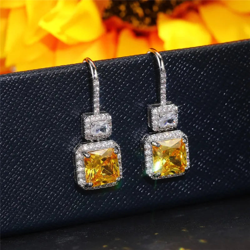 Huitan Yellow Cubic Zirconia Square Drop Earrings for Women Drop Earrings Axl