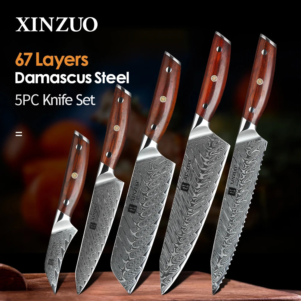 XINZUO 5-Piece Damascus Steel Kitchen Knife Set | Chef & Santoku Kitchen Knife Set Axl Default Title