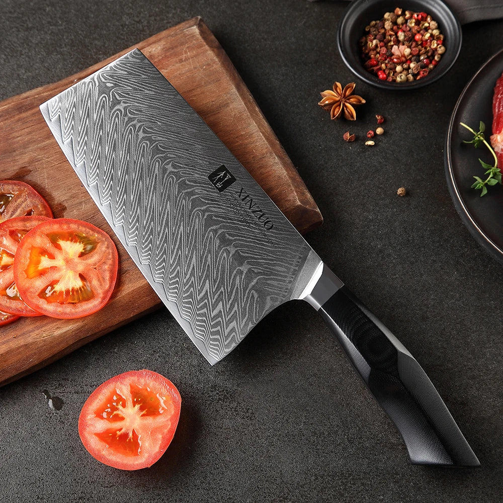 XINZUO 7.3" Damascus Steel Cleaver Knife – 67-Layer G10 Handle Damascus Cleaver Knife Axl