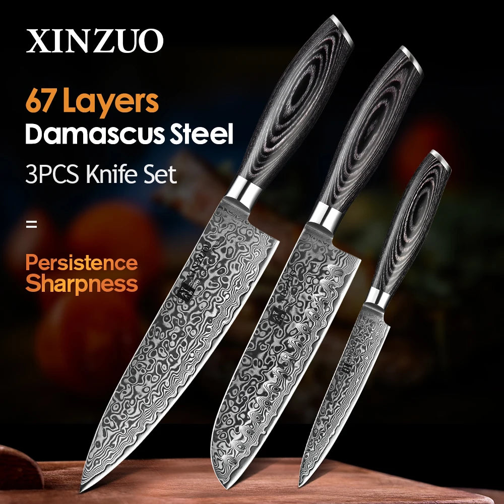 XINZUO 3-Piece Damascus Steel Knife Set – Chef, Santoku & Utility Damascus Knife Set Axl China Mainland