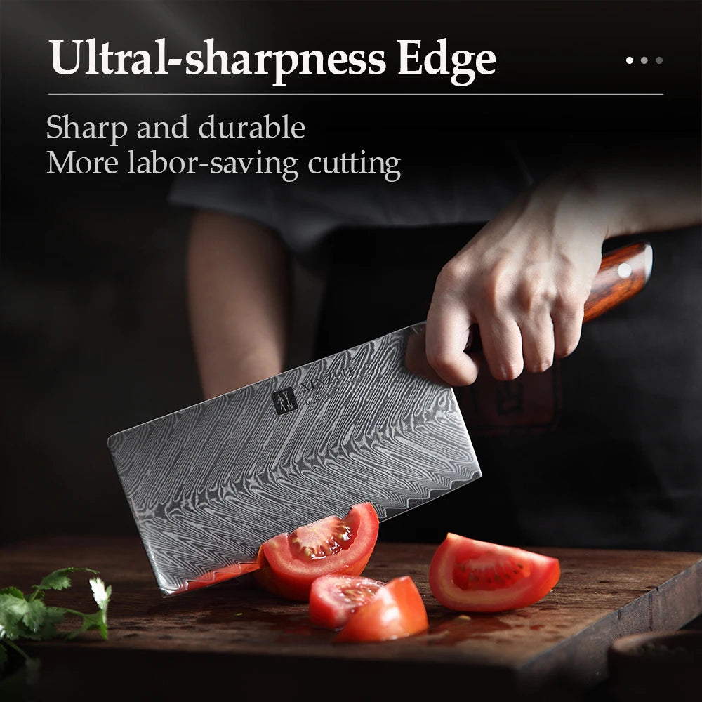 XINZUO 7" VG10 Damascus Steel Cleaver Knife – Rosewood Handle Damascus Cleaver Knife Axl