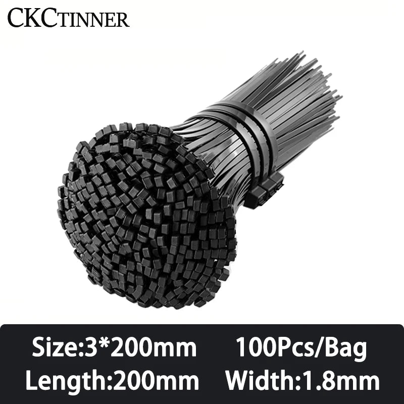 100PCS Nylon Cable Ties Self-Locking Black Zip Tie Organiser Nylon Cable Ties Axl 3x200mm