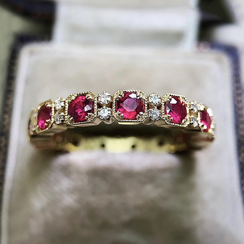 Huitan Gold Thin Ring Rose Red Cubic Zirconia Women's Band Fashion Ring Axl F1062 7