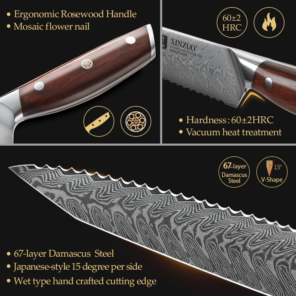 XINZUO 8.5" Damascus Serrated Bread Knife – Rosewood Handle Damascus Bread Knife Axl