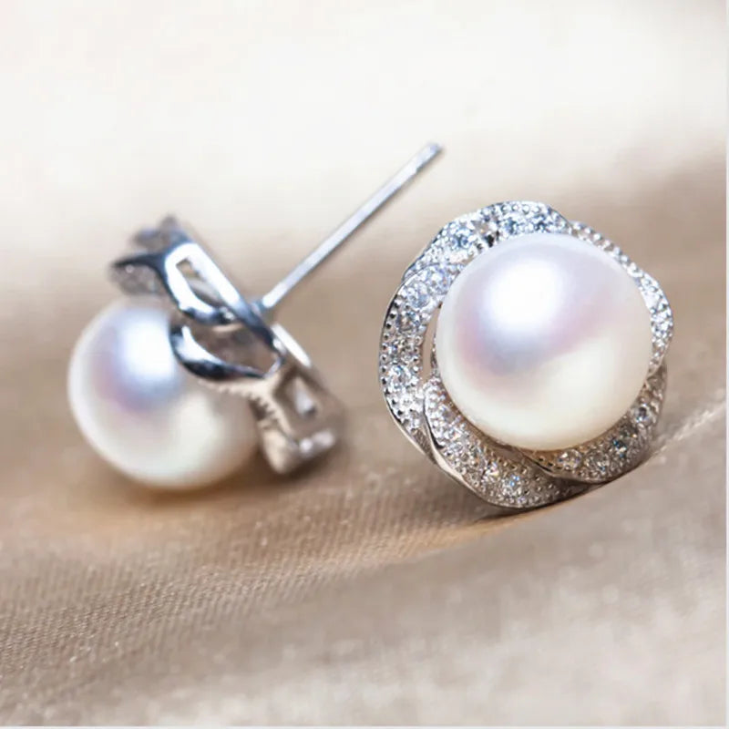 Huitan Pearl & CZ Flower Stud Earrings – Women's Elegant Jewelry Pearl Stud Earrings Axl