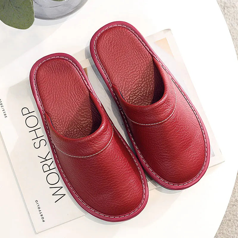 Lorilury Non-Slip Waterproof Indoor Leather Slippers Men Women Indoor Slippers Axl wine red CN47-48