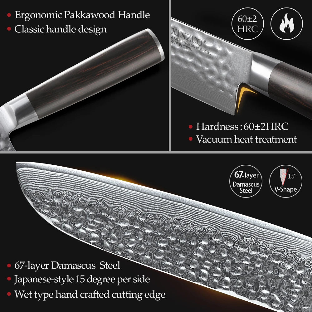XINZUO 7" Damascus Santoku Knife – VG10 Steel & Pakkawood Santoku Kitchen Knife Axl