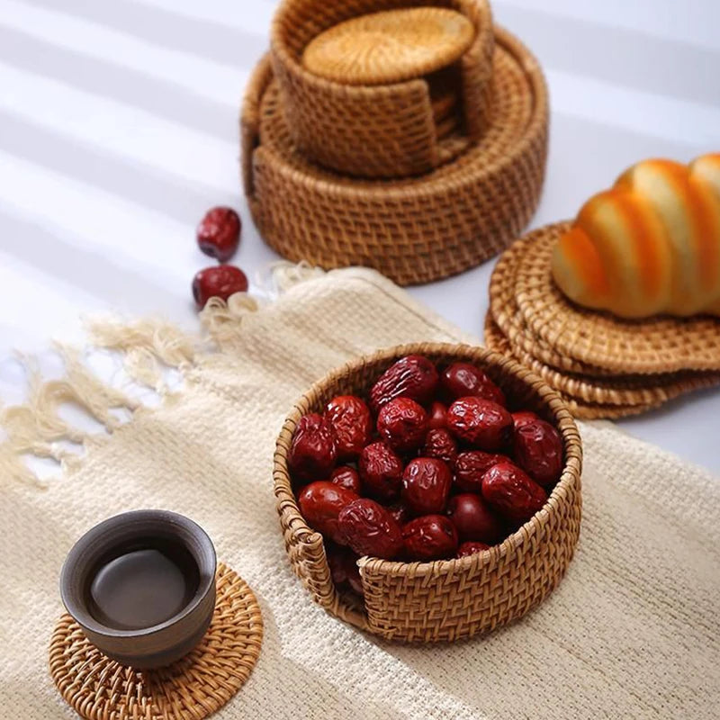 KEMORELA Round Rattan Coaster – Handmade Natural Cup Mat & Placemat Rattan Coaster Axl