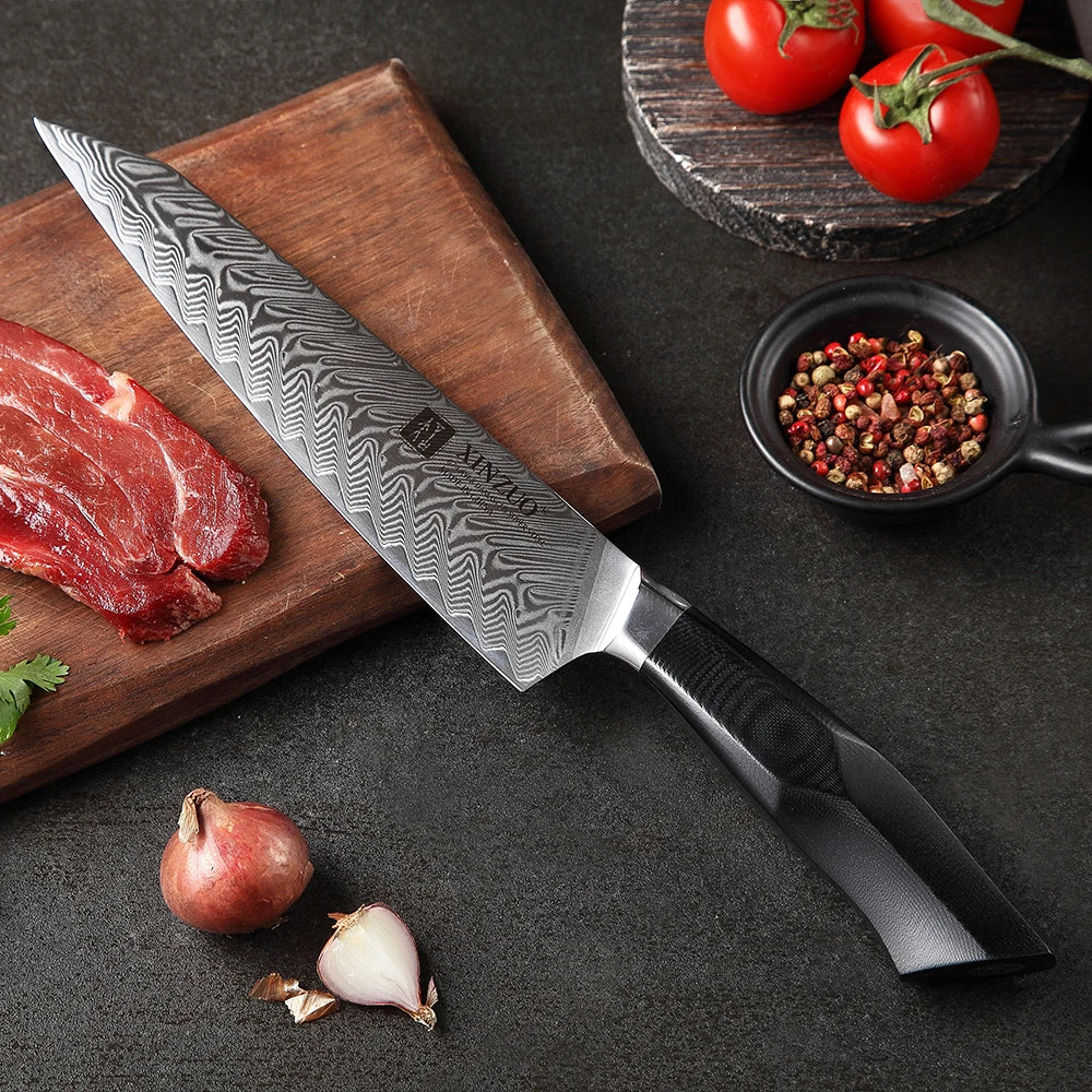 XINZUO 8.3" 67-Layer Damascus Steel Slicing Knife – G10 Handle Damascus Kitchen Knife Axl