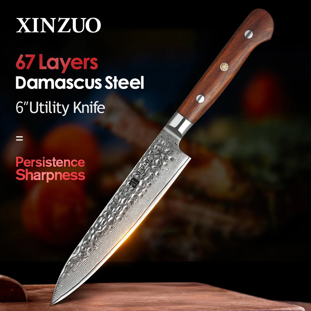 XINZUO 6" VG10 Damascus Steel Utility Knife – Rosewood Handle Damascus Utility Knife Axl China Mainland