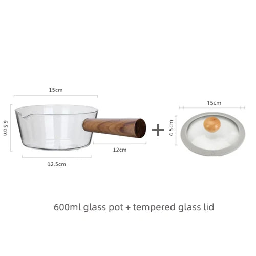 KEMORELA Glass Milk Pot Wooden Handle – 400ml/600ml Saucepan Glass Saucepan Axl 1 Set 0-1000ml